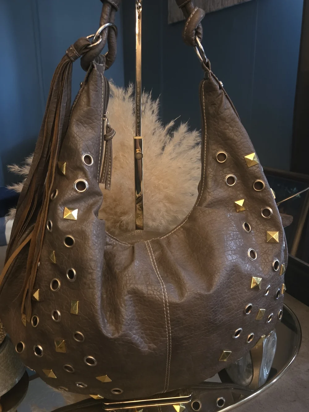 Y2K Brown Studded Grommet Fringe Hobo Bag Boho Rocker